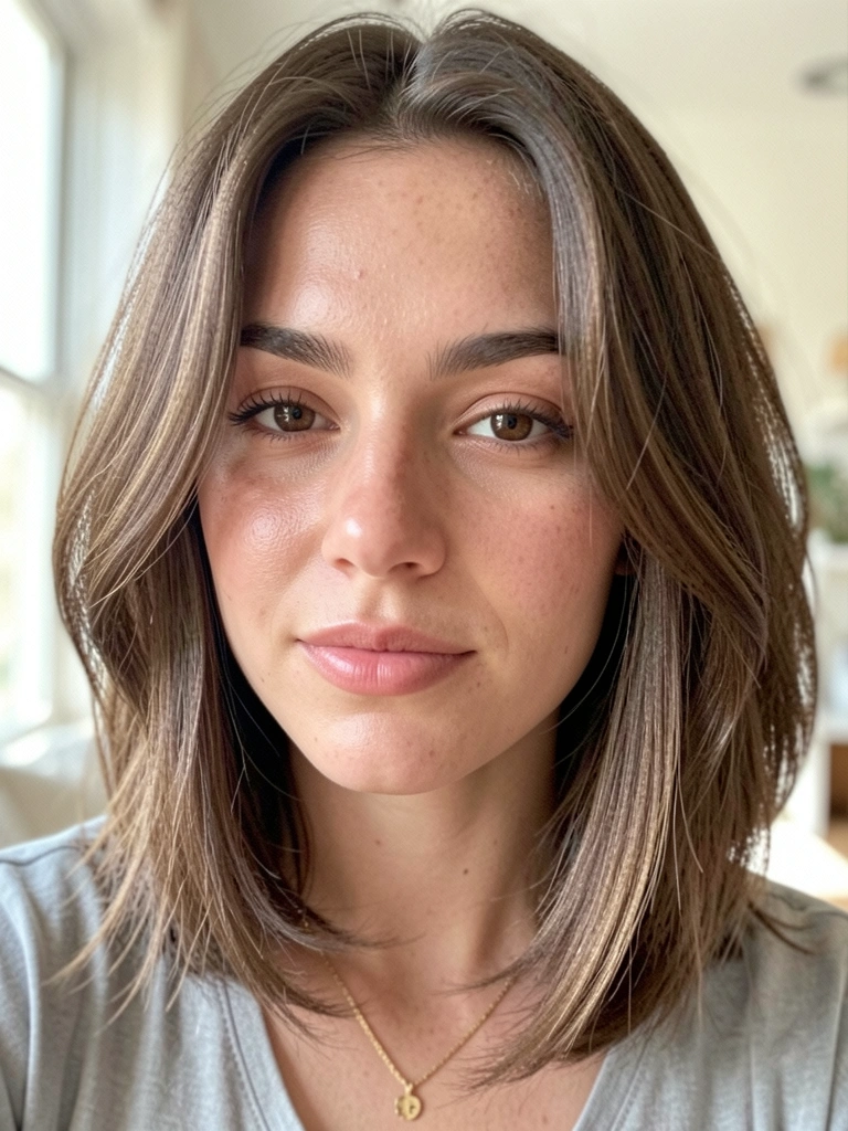 Jovem com cabelo castanho ondulado em corte bob, pele com brilho natural e colar dourado, luz difusa e fundo desfocado.