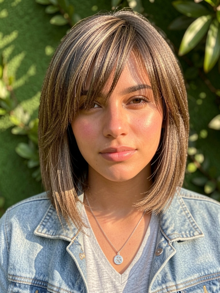 Jovem com cabelo castanho texturizado e franja lateral, jaqueta jeans clara e colar de prata, luz natural difusa e parede verde ao fundo.