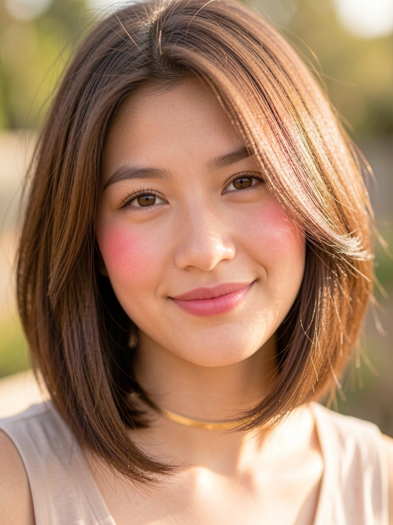 Jovem com cabelo castanho em corte bob e colar dourado, sorrindo com luz solar difusa ao fundo.