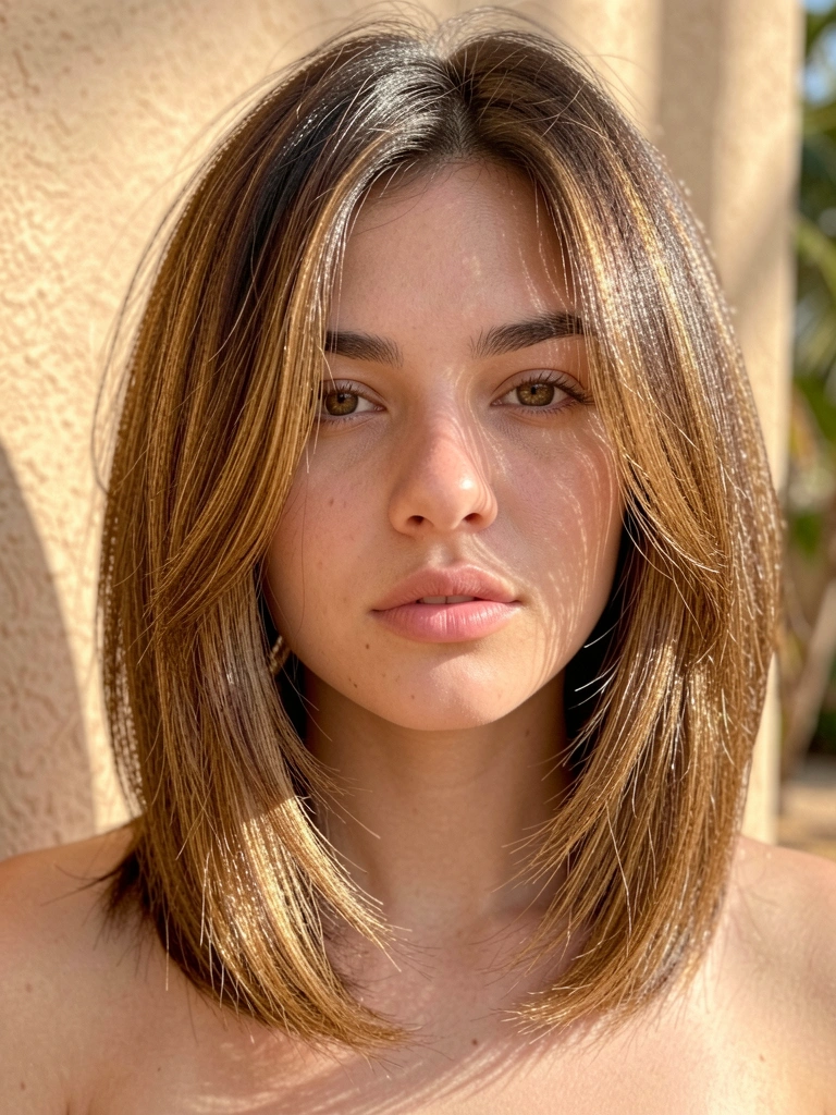 Jovem com cabelo castanho em bob assimétrico, com mechas caramelizadas e iluminação suave destacando textura e brilho, fundo bege desfocado.