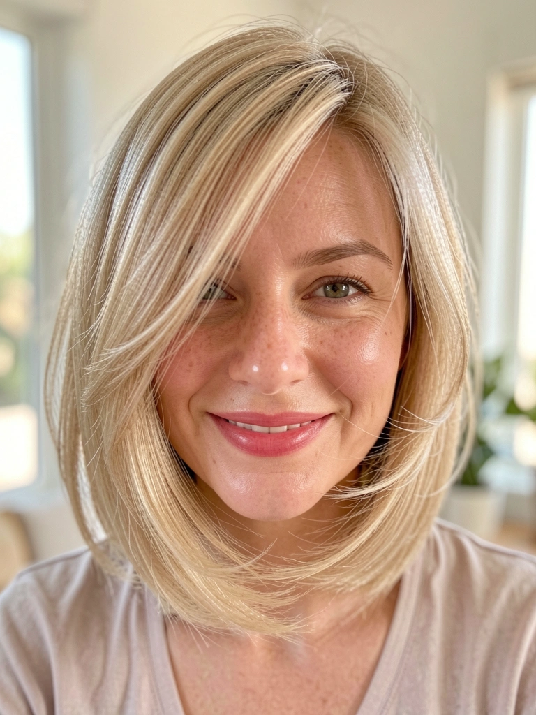 Mulher de cabelo loiro claro em corte bob em camadas, sorriso genuíno, pele com brilho sutil, luz natural difusa e fundo desfocado.