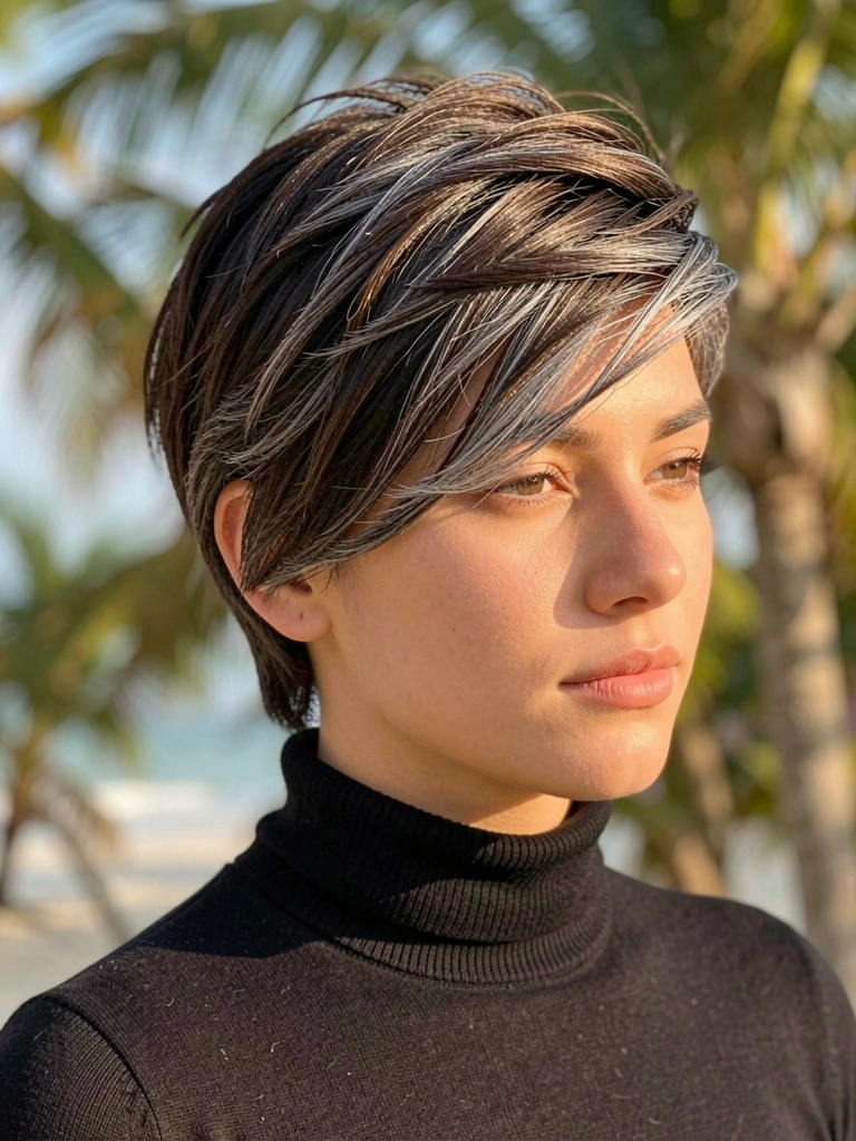 Mulher de cabelo curto e texturizado com mechas grisalhas, gola alta preta, luz natural suave e fundo desfocado tropical.