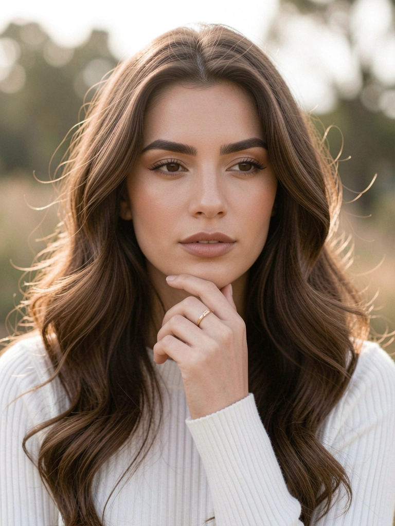 Mulher com cabelo cacheado e suéter branco tocando o queixo, luz natural difusa e fundo desfocado ao ar livre.