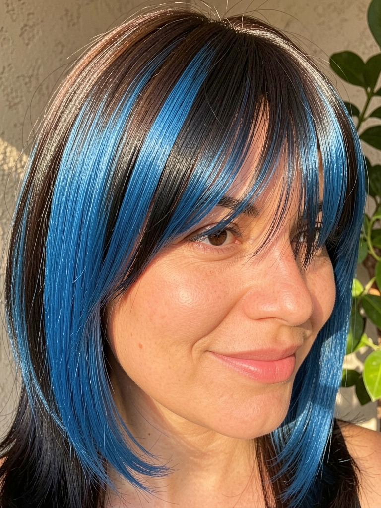 Close-up de mulher com cabelo castanho escuro e franja azul e preta, luz natural, fundo desfocado com planta verde e parede texturizada.