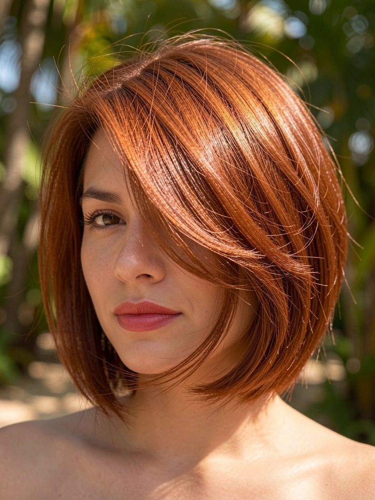 Close-up de mulher com cabelo ruivo em bob assimétrico, luz natural suave e fundo desfocado com luz salpicada.