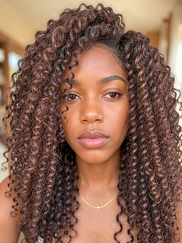 Jovem negra com cabelo crespo volumoso e cacheado, colar dourado fino, luz natural difusa e fundo desfocado.