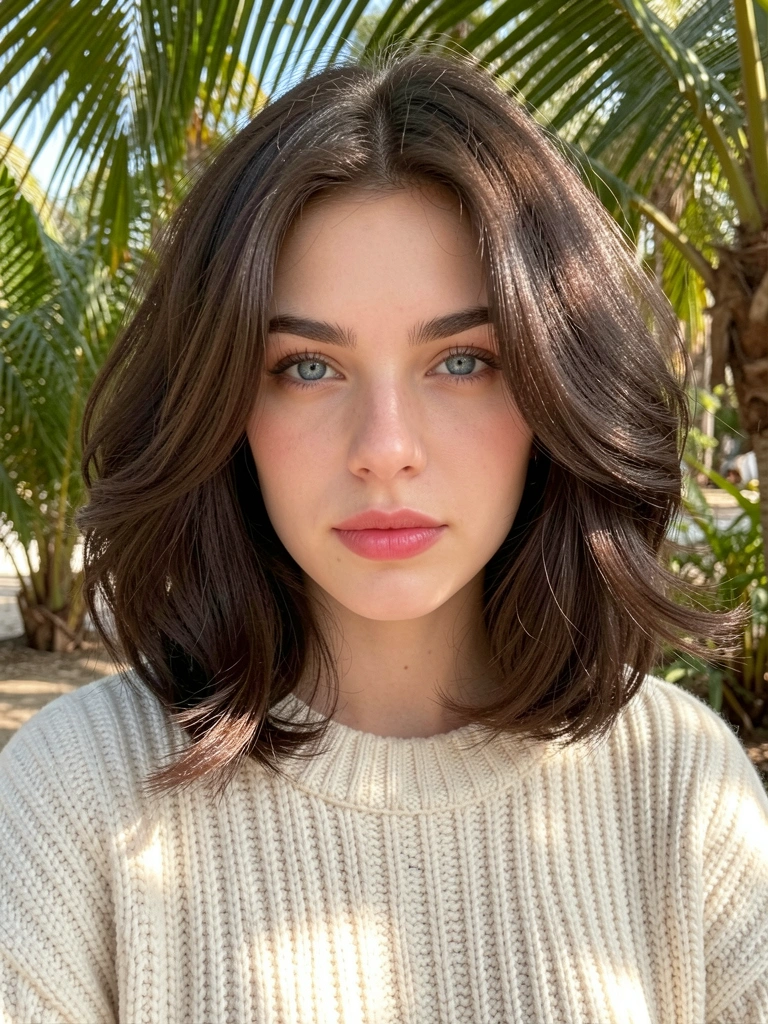 Jovem de cabelos castanhos em bob italiano volumoso, suéter creme de tricô grosso, olhos azuis e luz difusa com folhas de palmeira ao fundo.