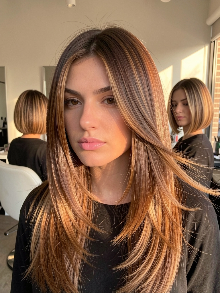 Mulher de cabelo castanho com mechas caramelizadas em corte reto e ondas suaves, luz natural difusa e fundo de salão minimalista.