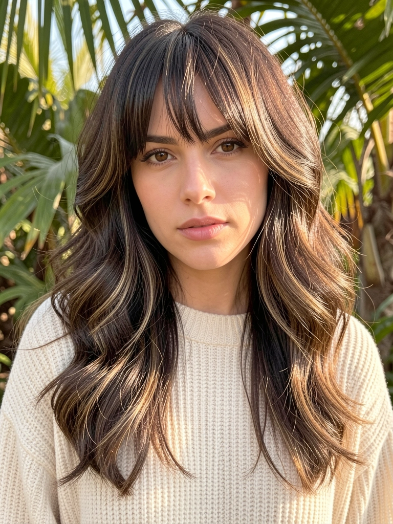 Mulher de cabelos castanhos ondulados com franja volumosa, suéter de tricô creme, luz natural filtrando por folhagens ao fundo.