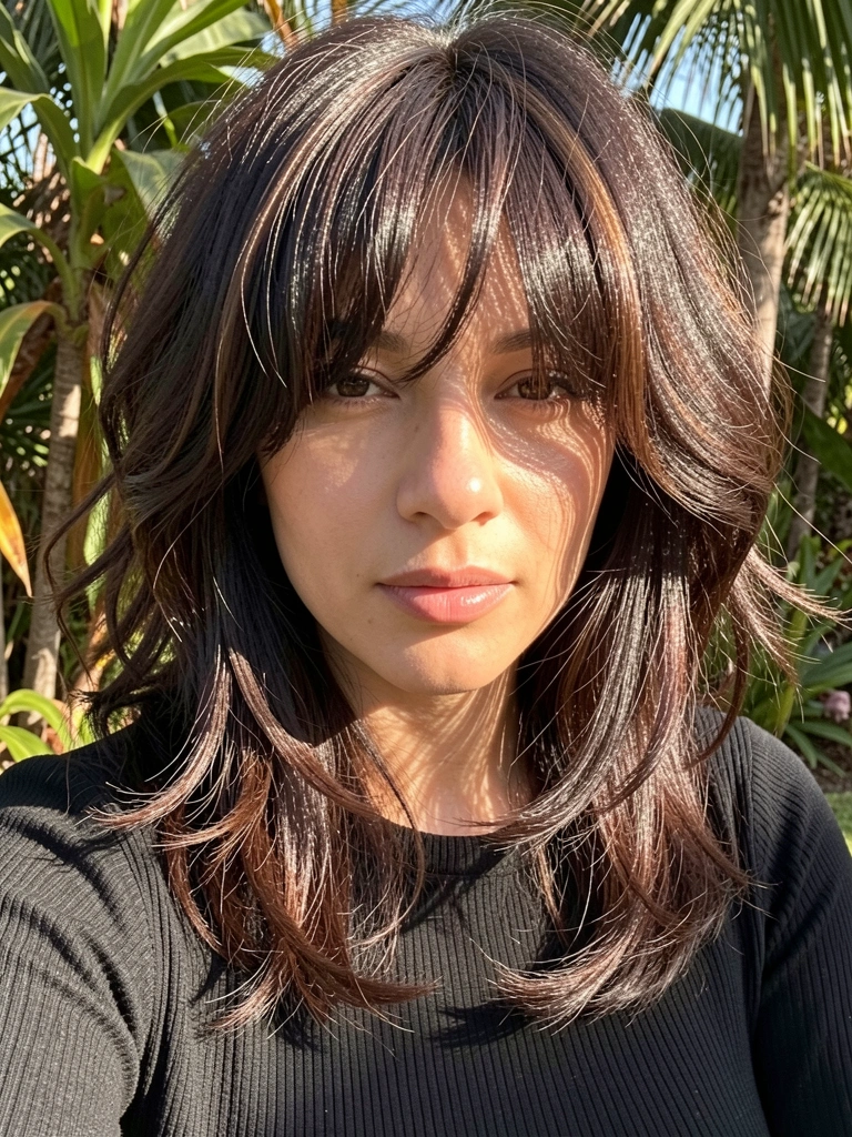 Mulher de cabelos castanhos ondulados com franja, blusa preta de ribana, luz natural com sombras suaves e fundo verde.