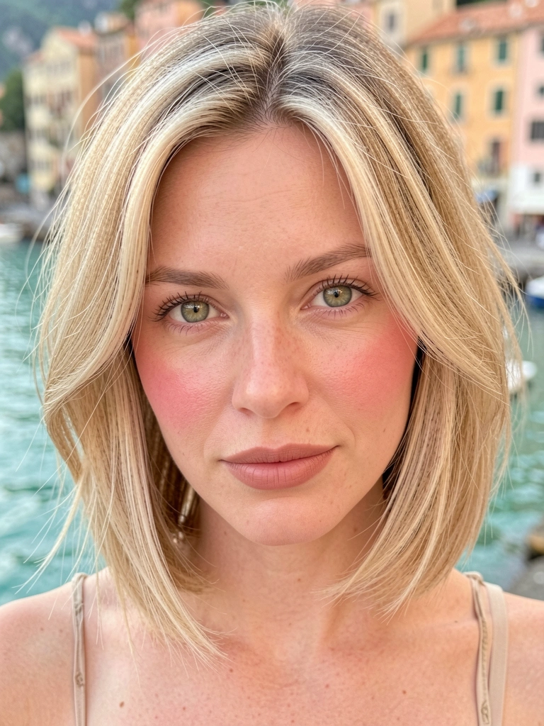 Mulher de cabelo loiro ondulado e olhos verdes, pele clara com bochechas rosadas, olhando para a câmera com luz suave e fundo desfocado de água turquesa e prédios pastéis.