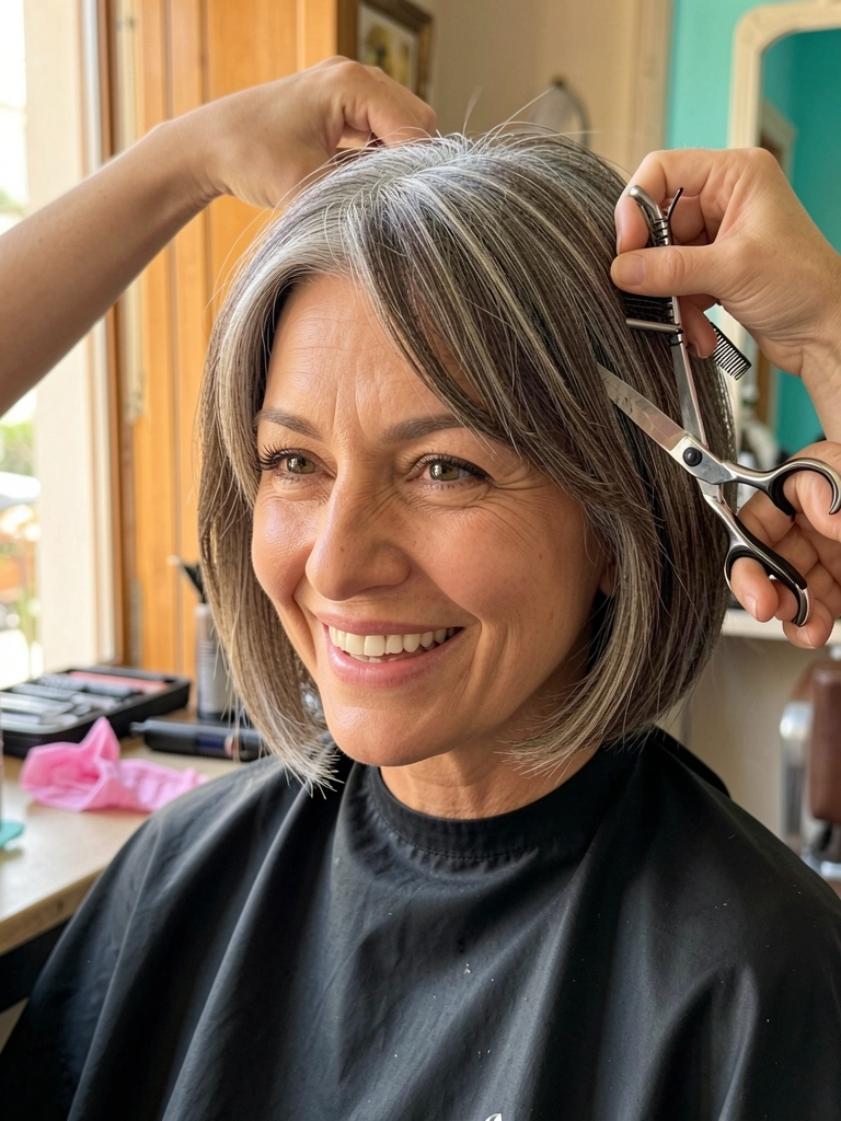 Mão de cabeleireira com tesoura prateada cortando cabelo grisalho curto de mulher sorridente, luz natural suave e fundo de salão com tons neutros e toque turquesa.