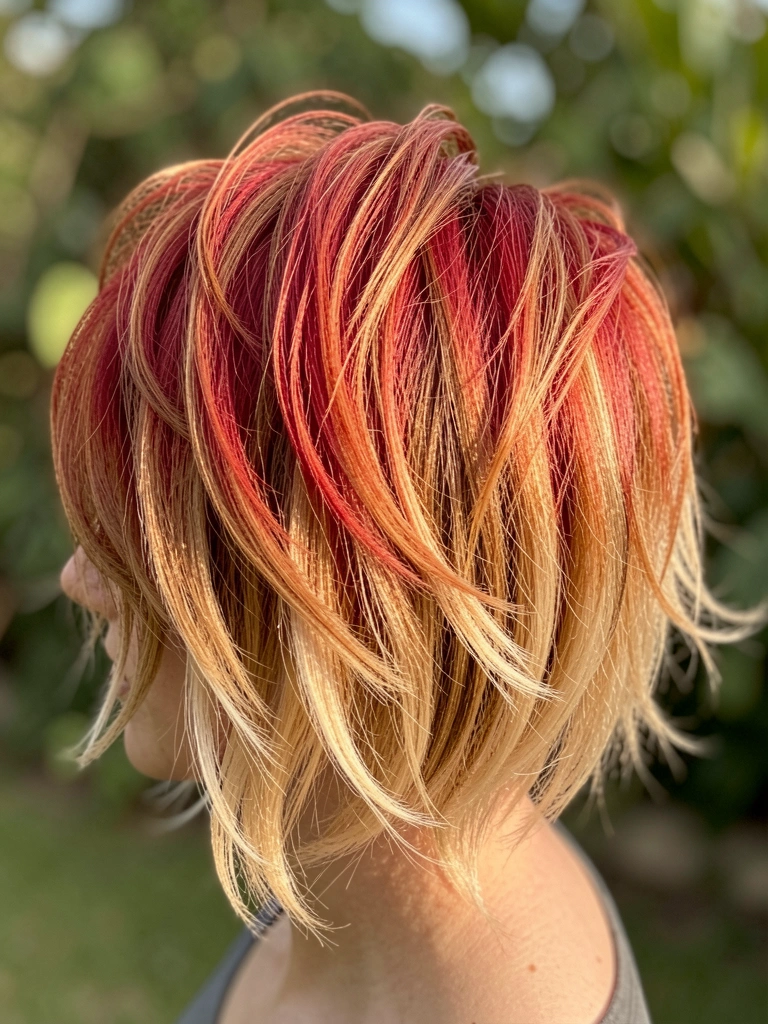 Corte pixie curto com ombré do vermelho ao loiro caramelizado, luz natural realçando as camadas texturizadas e ondas suaves nas pontas.