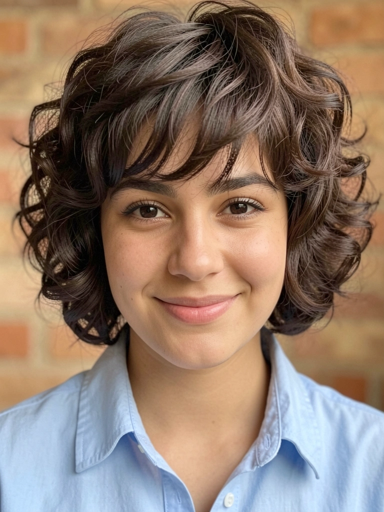Jovem de cabelo cacheado escuro curto e franja desfiada, camisa azul-clara, sorriso caloroso, luz difusa suave e fundo com textura de tijolo.