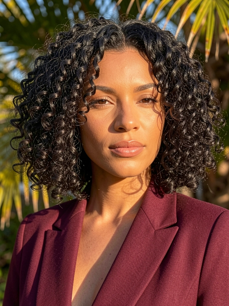 Close-up de mulher com cabelo cacheado volumoso e brilhante em Italian Bob, blazer vinho texturizado, luz natural filtrada por folhas de palmeira.