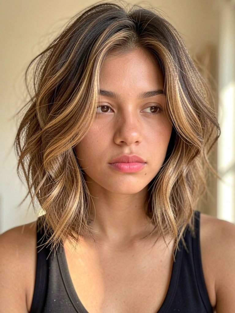 Jovem de pele morena clara com cabelo ondulado e mechas carameladas, expressão contemplativa, luz suave e fundo neutro desfocado.