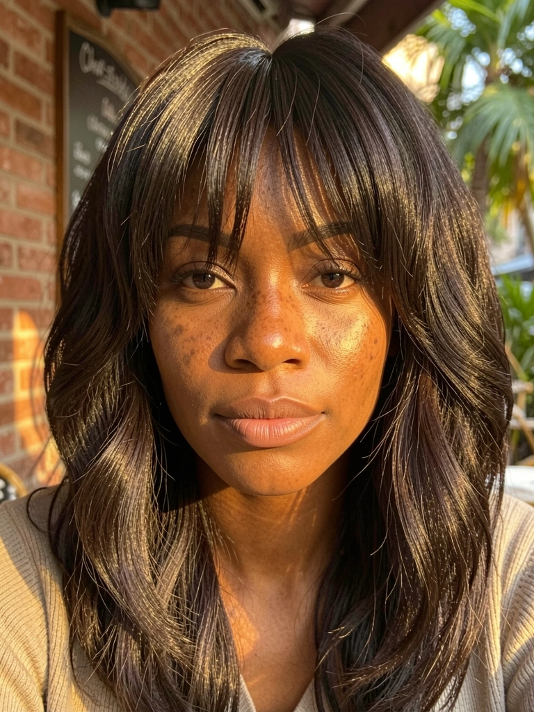 Mulher negra com cabelo ondulado e franja, pele dourada e sardas, close com luz quente e fundo desfocado de café parisiense.