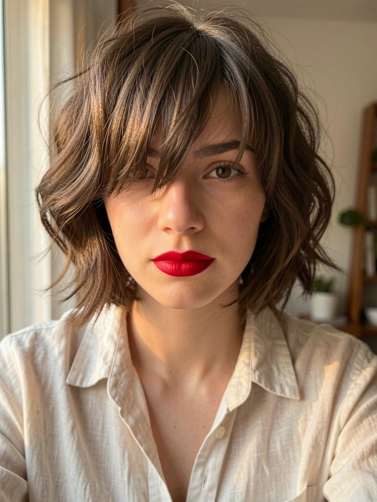 Mulher com cabelo castanho texturizado e batom vermelho, camisa de linho clara, luz natural suave e fundo desfocado.