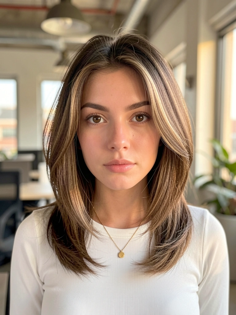 Mulher de cabelo bob castanho com luz natural de janelas amplas em escritório claro, colar dourado e blusa branca, fundo desfocado.