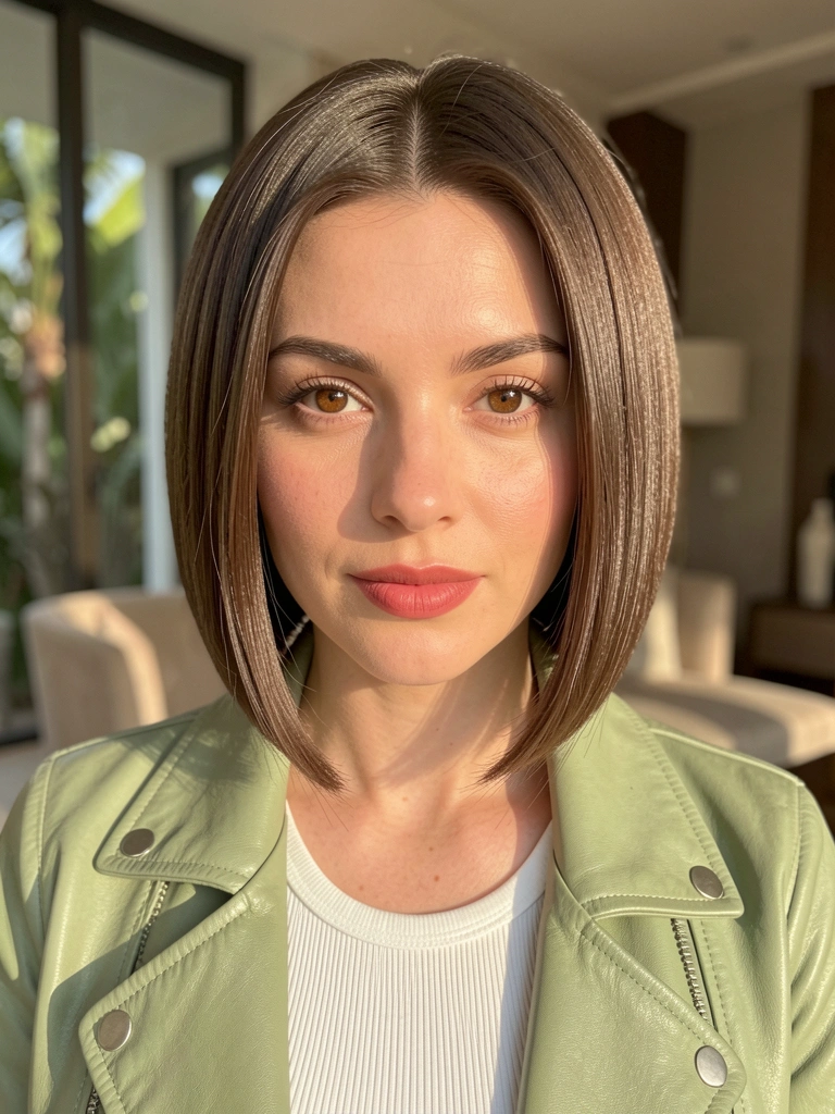 Close-up de mulher com cabelo bob reto, jaqueta verde-clara de couro e camiseta branca, luz natural suave.