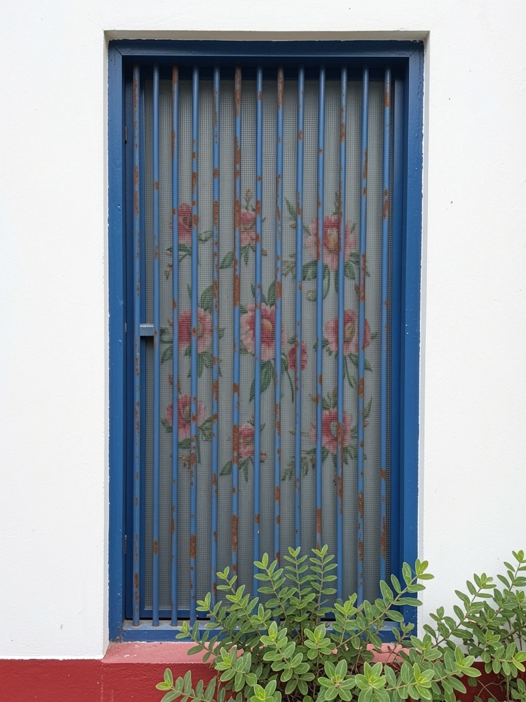 Cortina de porta em tecido claro, com dobras verticais, pendurada em varão de metal sobre batente de madeira.