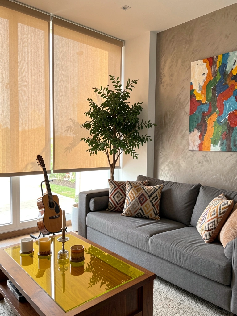 Cortina rolo branca em janela ampla, sofá cinza com almofadas estampadas, mesa de centro com tampo de vidro amarelo e velas, violão ao lado e quadro abstrato na parede texturizada.