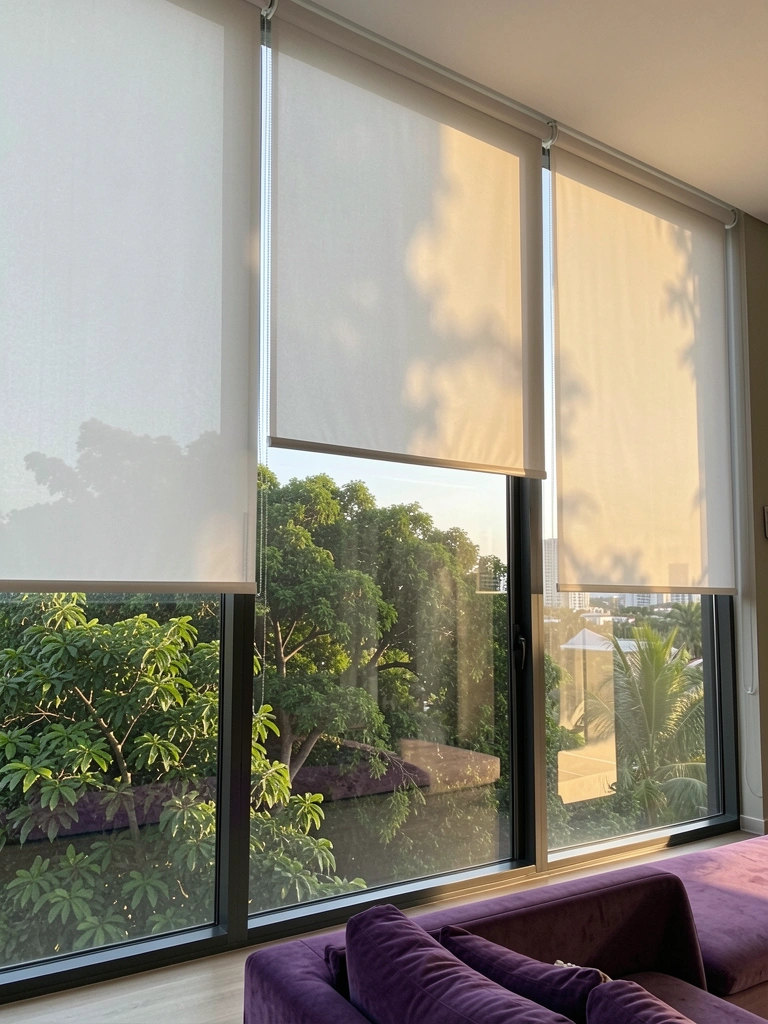 Três persianas rolo brancas parcialmente abaixadas em janelas amplas, revelando vista de árvores verdes e prédios ao longe, com sofá roxo em primeiro plano e luz natural.