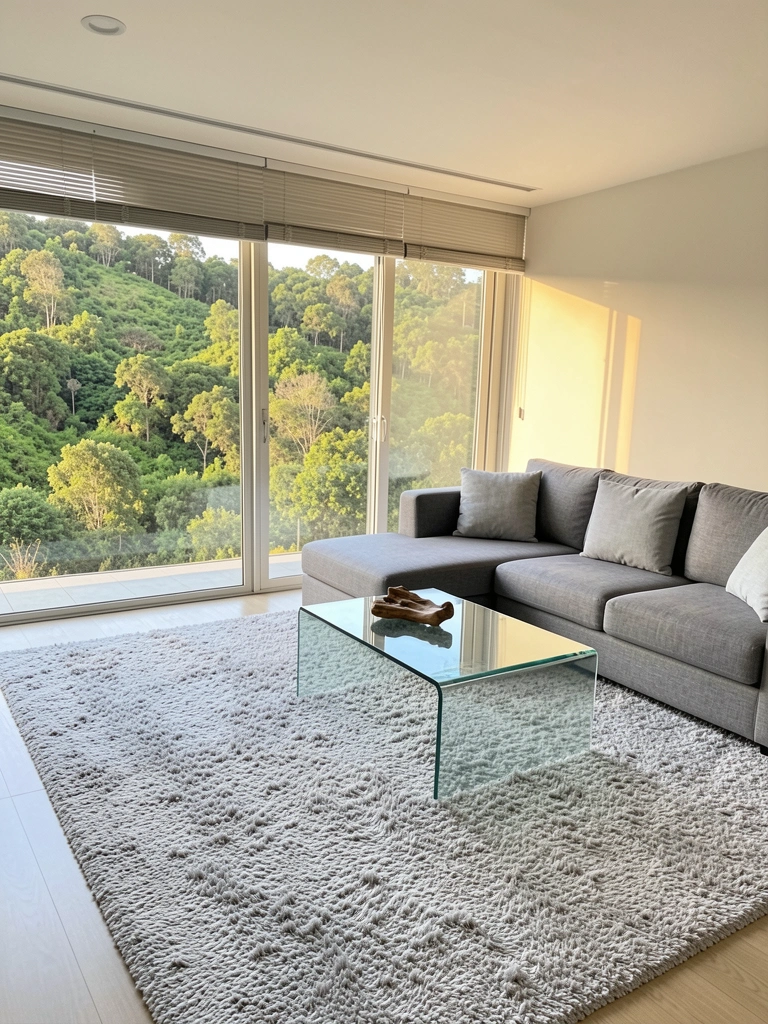 Tapete felpudo cinza claro, sofá seccional cinza, mesa de vidro com objeto de madeira e luz natural entrando por cortinas rolo semitransparentes, com vista para colina verde.