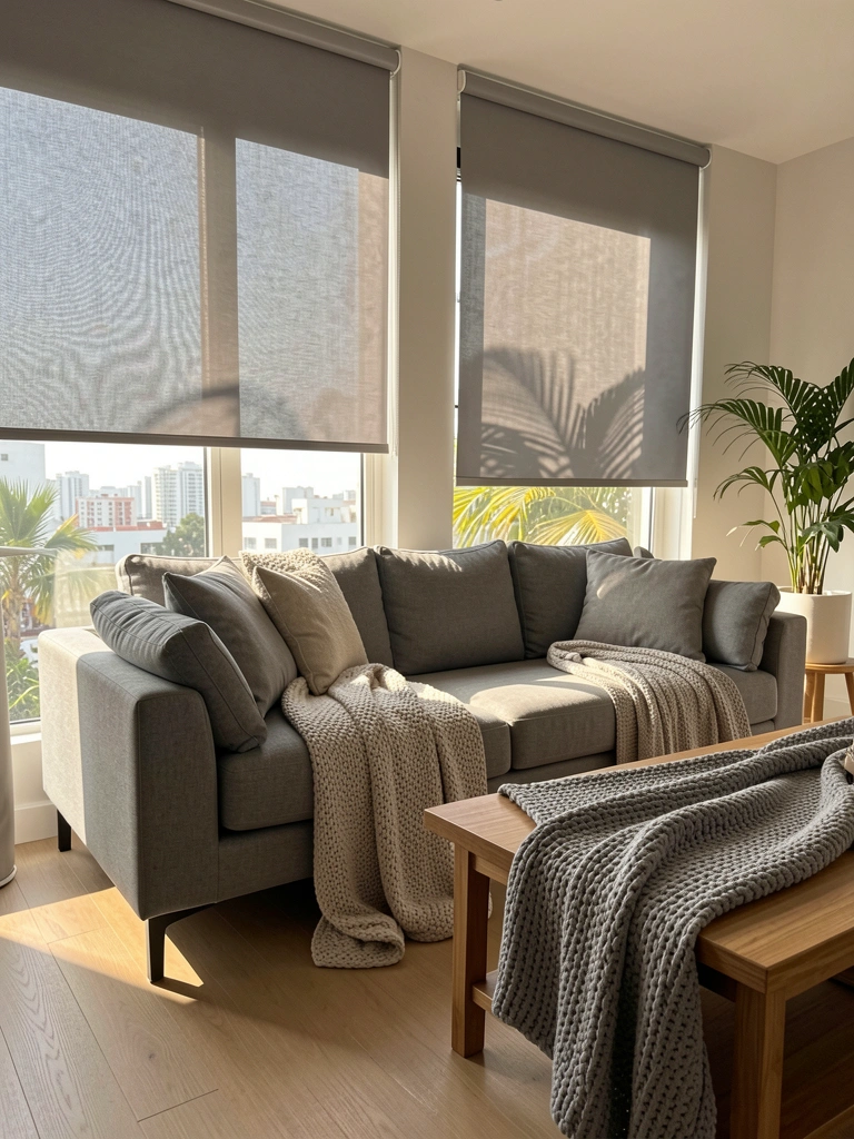 Cortinas rolo cinza projetam sombras suaves no assoalho claro, sofá cinza com manta tricotada e mesa de centro de madeira sob luz tropical filtrada.