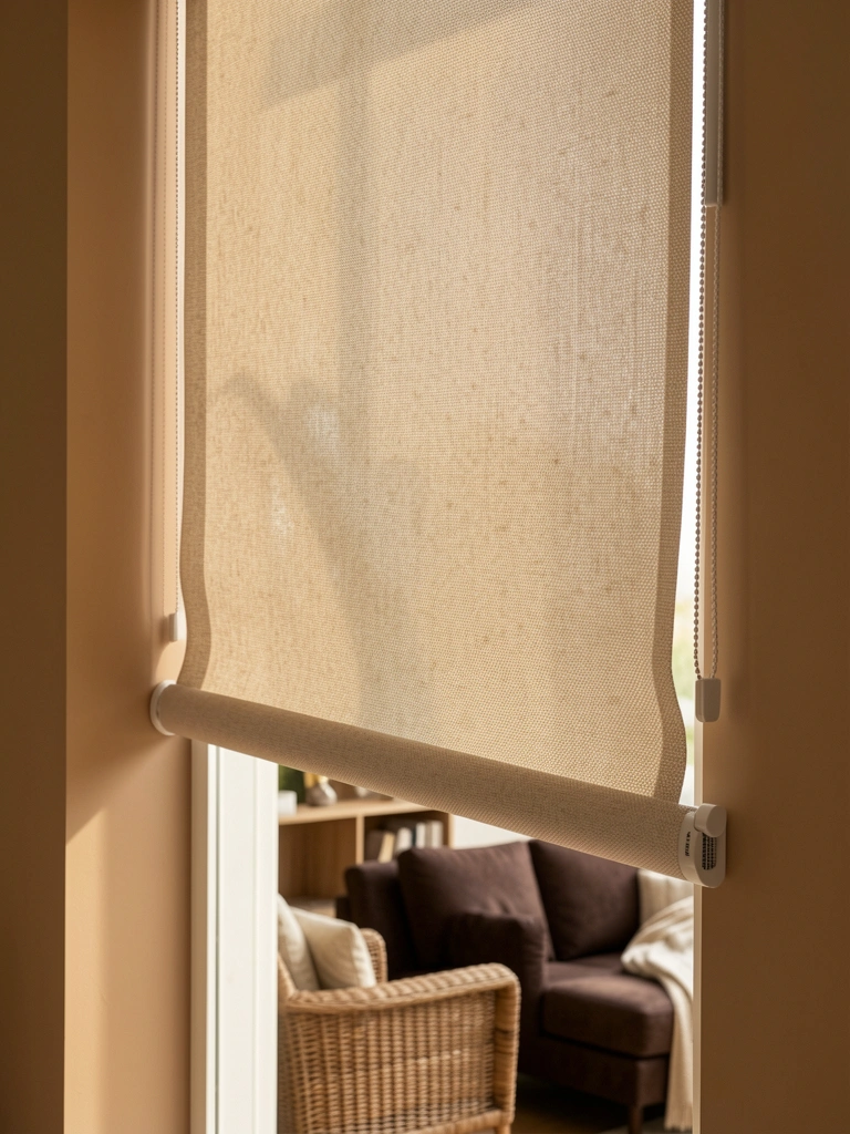 Cortina rolo bege com textura tramada subindo em sala com sofá marrom e poltronas de vime, luz natural suave.