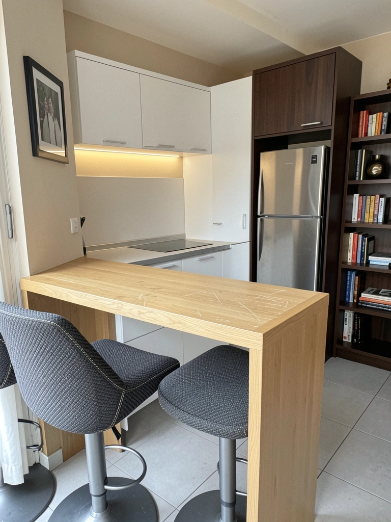 Cozinha compacta com módulos prontos, bancada clara e armários brancos.
