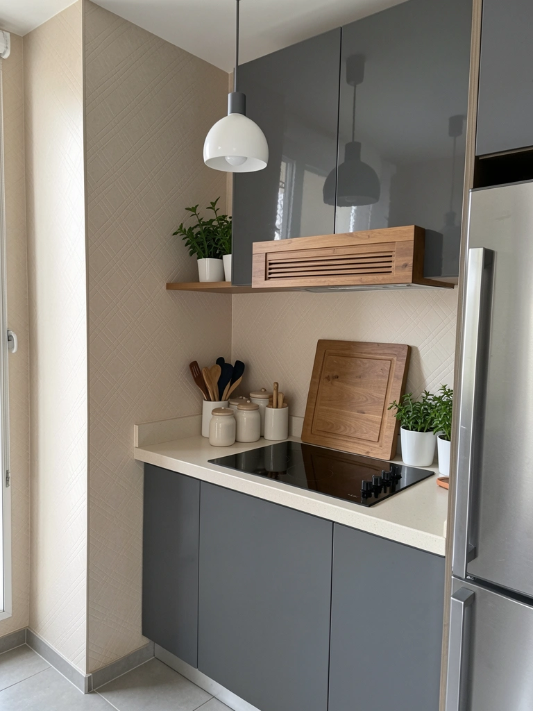 Bancada estreita com cooktop embutido e utensílios organizados em suportes.