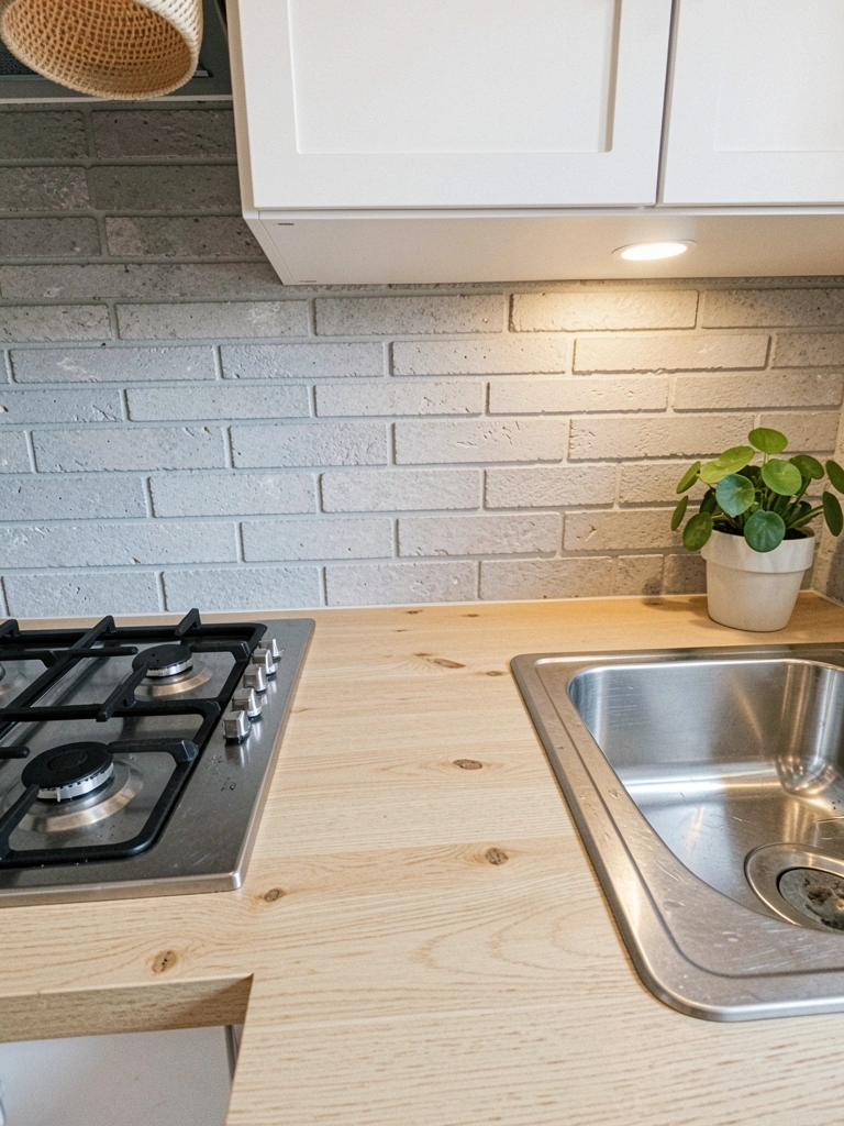 Detalhe da bancada mostrando o espaço entre cooktop e cuba, com azulejos brancos ao fundo.