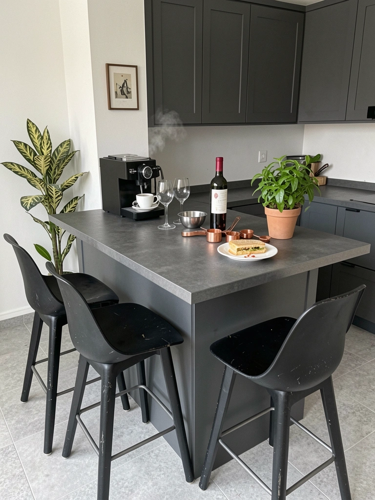 Bancada com banquetas altas em cozinha americana pequena, com utensílios e frutas sobre o tampo.