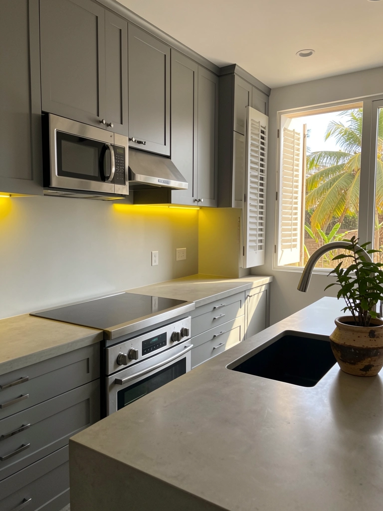 Cozinha cinza moderna com bancada de concreto claro, pia preta e torneira de aço inox curva; vaso rústico de cerâmica com planta sob luz natural.