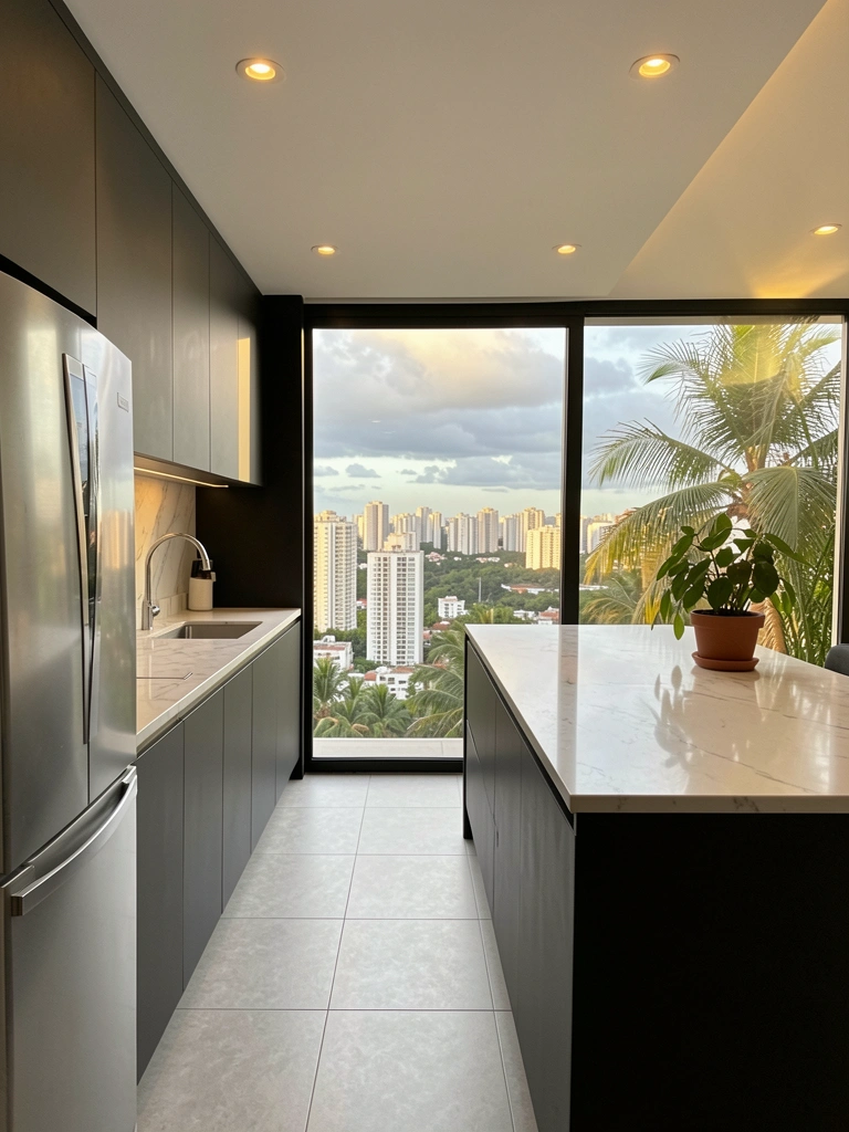 Armários cinza escuro, bancada de mármore branco e pia de aço inox em cozinha minimalista; vaso de planta na ilha e vista urbana pela janela, luz natural.