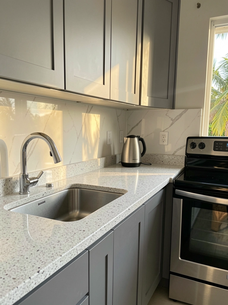 Armários cinza, bancada de granito branco e pia de aço inoxidável sob luz natural, com chaleira prateada e fogão preto.