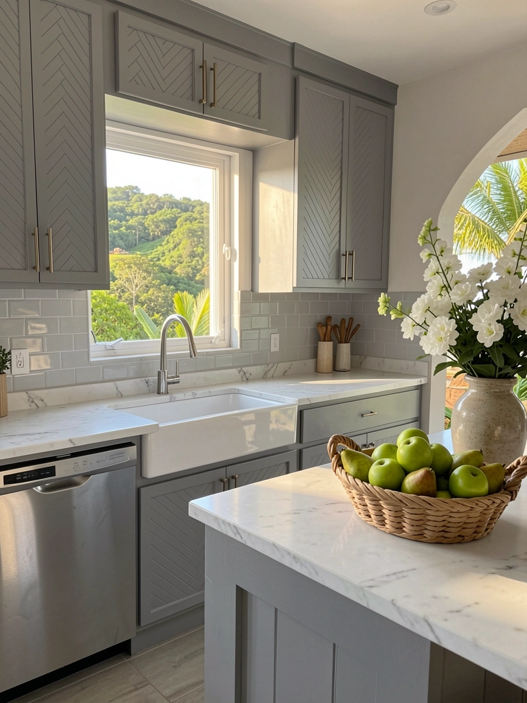 Bancada de mármore branco com vaso de flores brancas, pia de fazenda e cesto de vime com frutas sob luz natural.