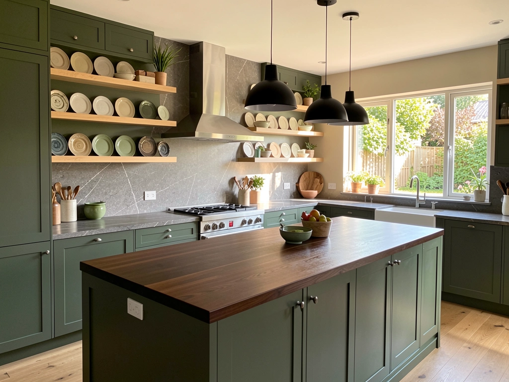 Cozinha moderna com bancada de madeira escura, coifa de aço inox e prateleiras claras com louças, luz natural da janela.