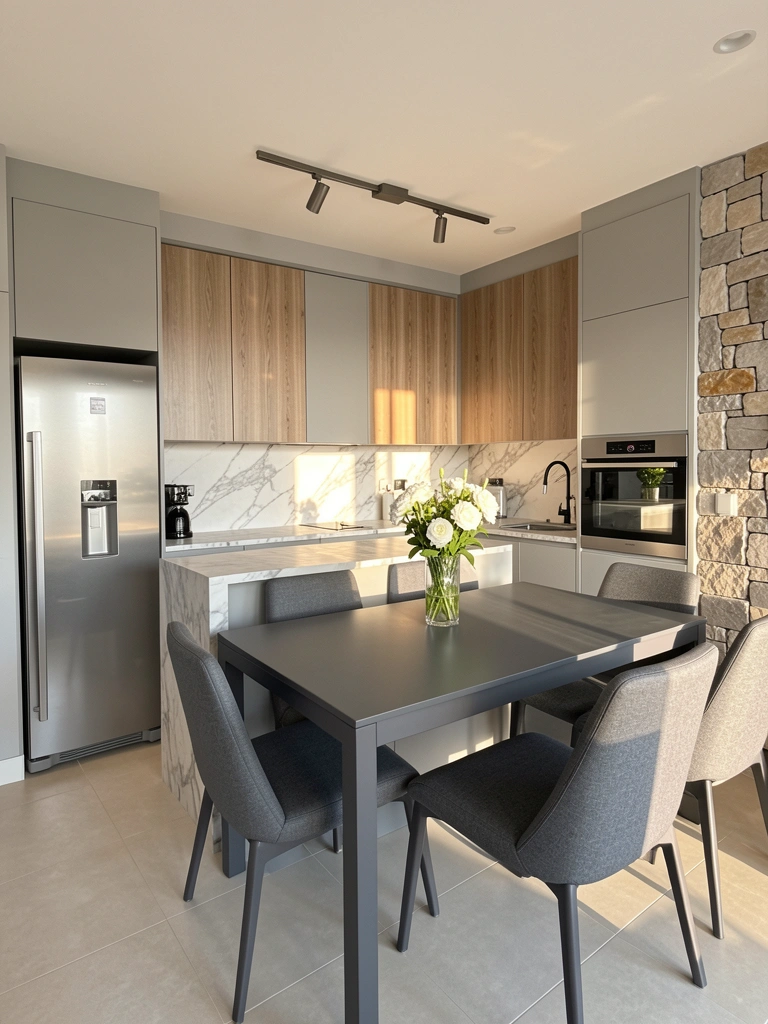Mármore claro, bancada de cozinha com vaso de flores brancas, geladeira inox e teto com trilho de spots.