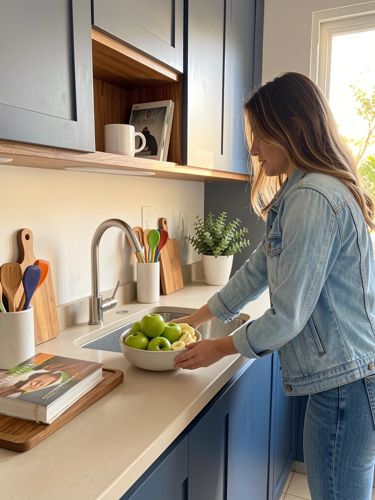 Mãos de mulher com jaqueta jeans colocam tigela de maçãs verdes e bananas fatiadas sobre bancada bege; armários azul-escuros e de madeira ao fundo, luz natural de janela.