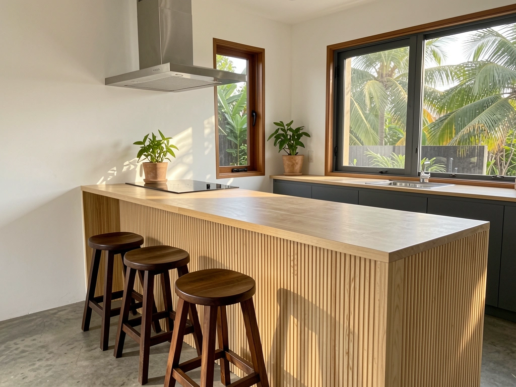 Bancada de madeira clara com textura canelada, três banquetas escuras, coifa de inox e fogão cinza, planta no balcão, luz natural e parede branca.