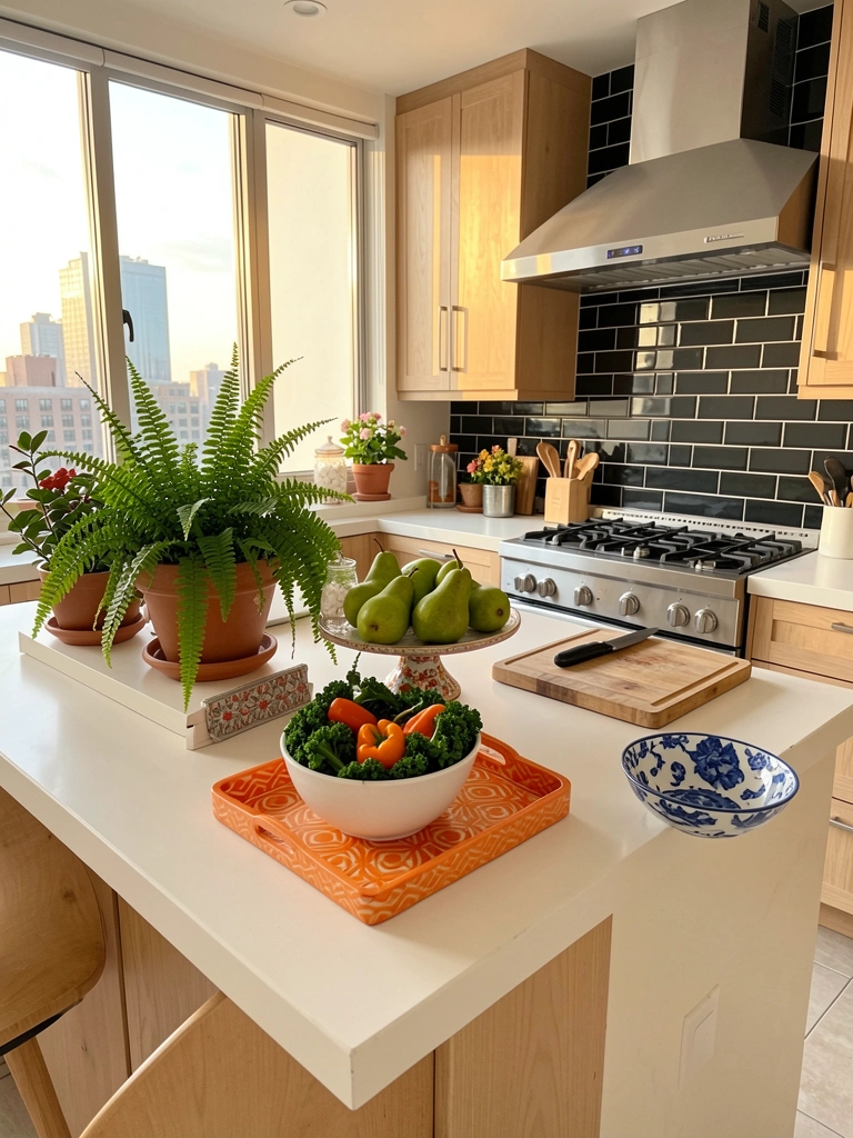 Bancada de cozinha com tigela de cerâmica branca cheia de couve e pimentões, suporte de bolo com peras, plantas em prateleiras e luz natural entrando pela janela com vista urbana.