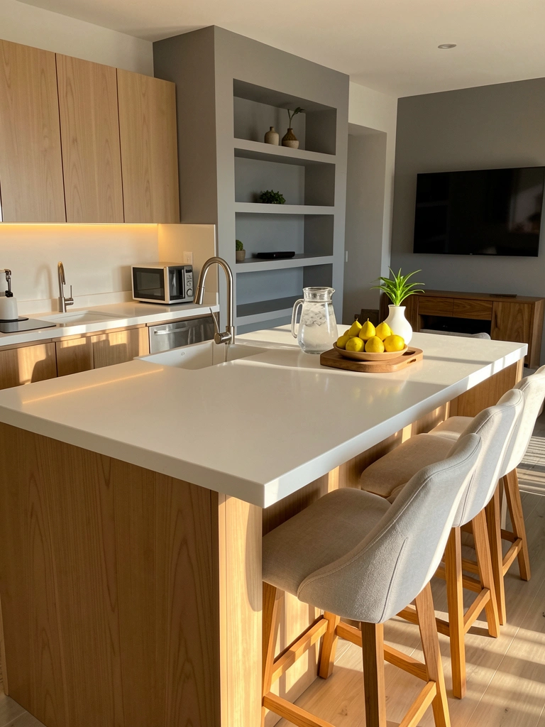 Bancada de quartzo branco com pia de cerâmica, bancada de madeira clara com banquetas estofadas, tigela de peras amarelas e jarra de vidro sobre bandeja de madeira, luz natural e LED quente.
