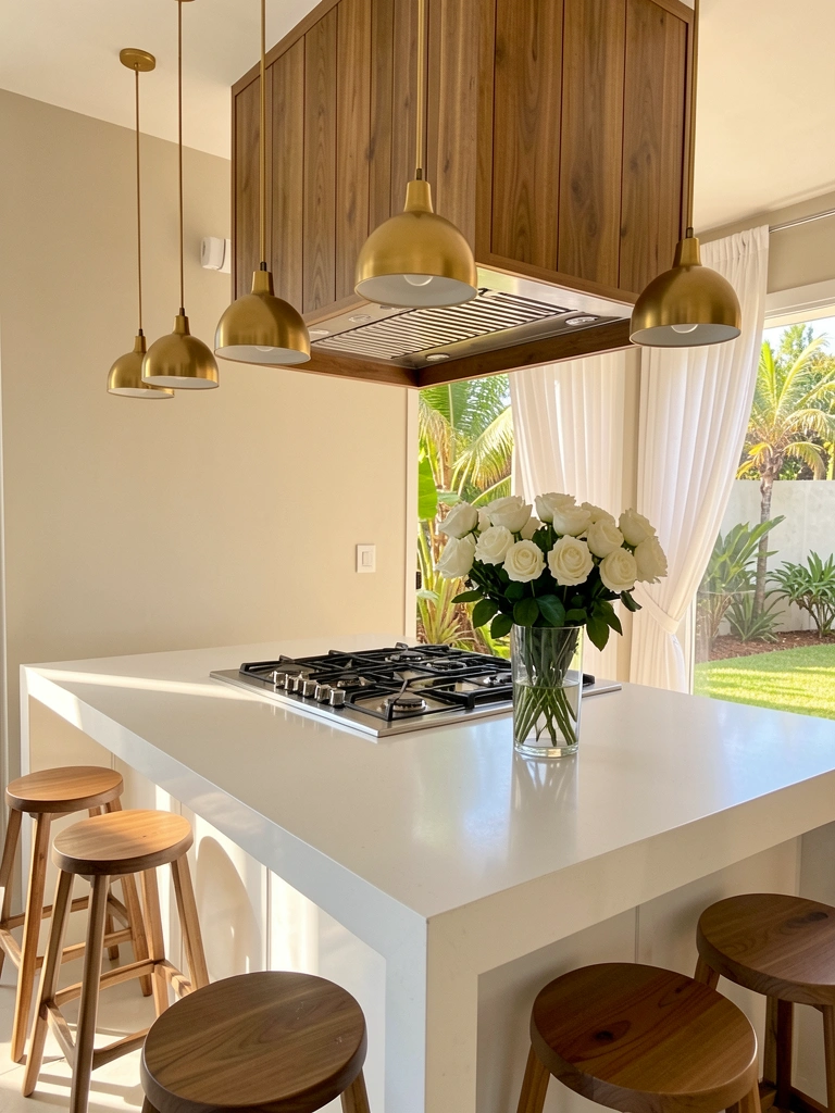 Ilha de cozinha com bancada de quartzo branco, cooktop de aço inoxidável e pendentes dourados, vaso de rosas brancas e bancos de madeira.