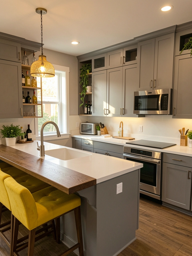 Gray cabinets, white quartz island countertop, yellow upholstered stools, and wooden shelving with wine bottles and greenery in a modern kitchen.