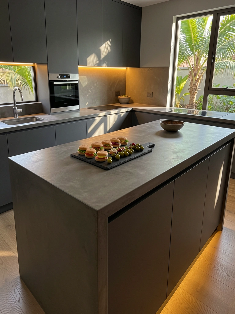 Luz LED quente sobre bancada de concreto cinza escuro com tábua de aperitivos, pia de aço inoxidável e armários escuros ao fundo.