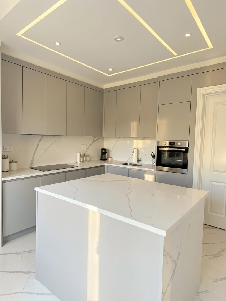 Luz natural e LED linear em teto de cozinha cinza e branca, com bancada de mármore e armários claros.