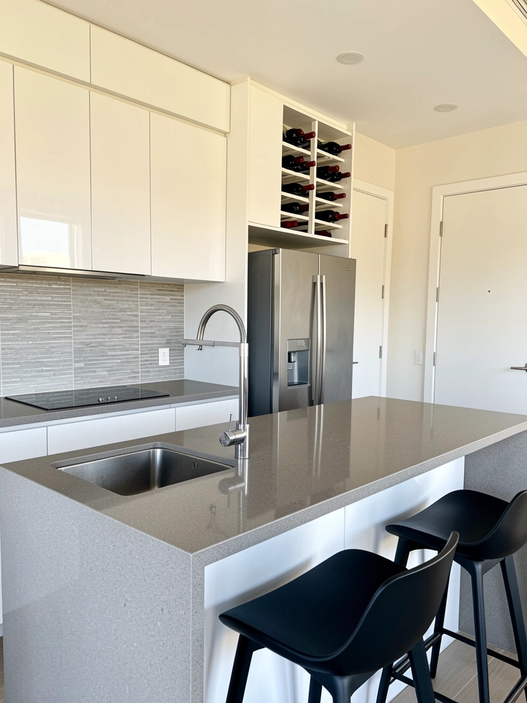 Bancada de quartzo cinza com pia e cooktop de aço inox, armários brancos com adega de vinhos, fundo de azulejos claros e banquetas pretas.