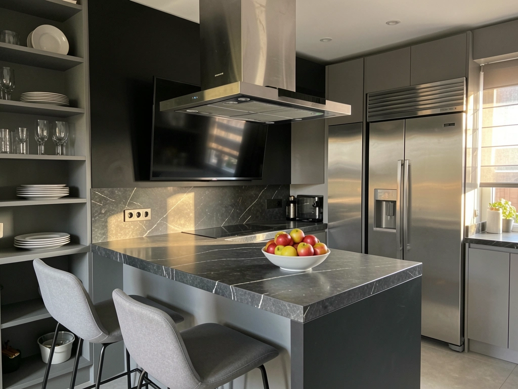 Bancada de mármore cinza escuro com tigela de maçãs, coifa de inox e TV na parede preta, luz natural entrando por janela com persiana.